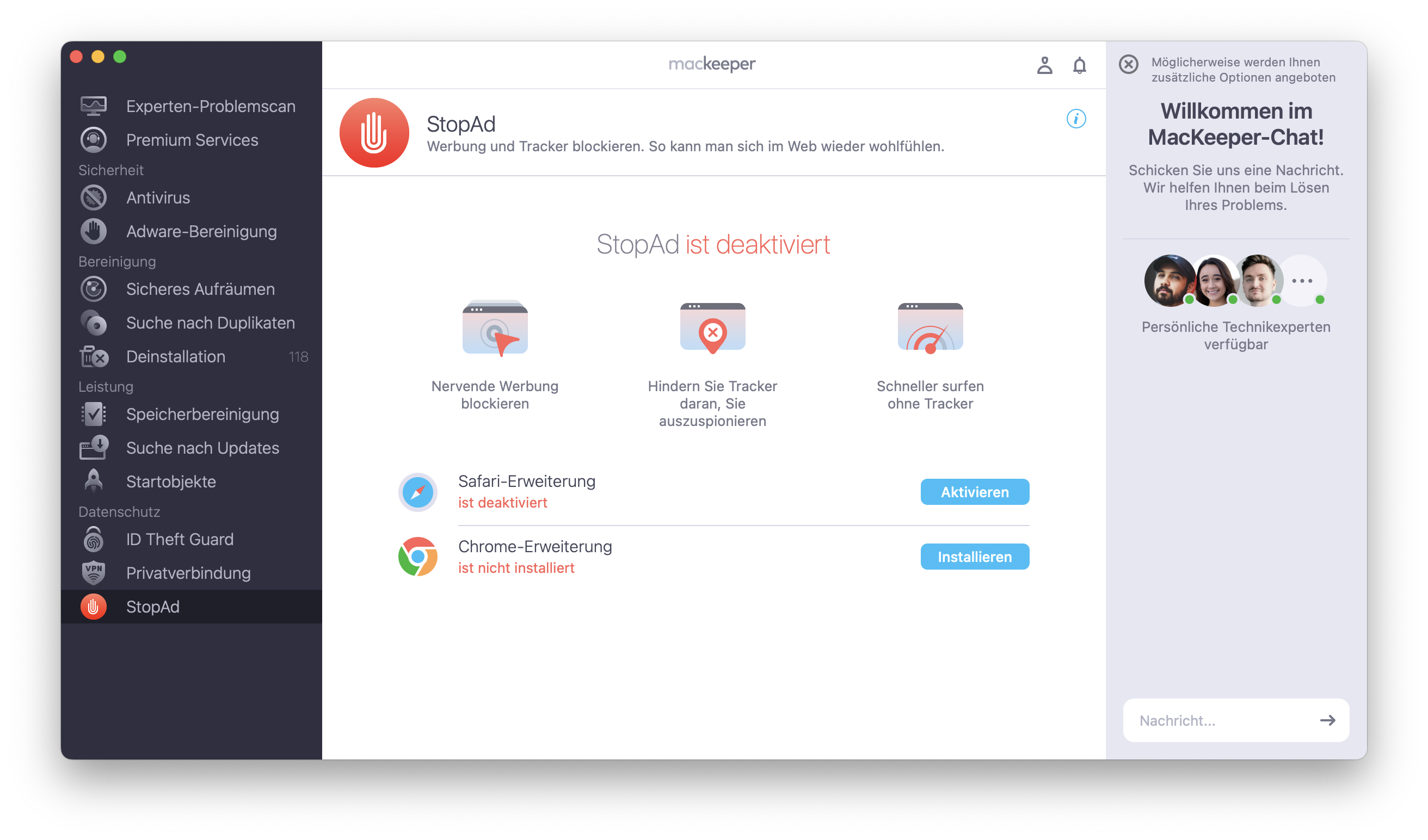 Um zu verhindern, dass Search Marquis auf Ihrem Mac installiert wird, starten Sie MacKeeper und wählen Sie StopAd in der Seitenleiste aus. Wählen Sie Ihren Browser aus und klicken Sie auf Aktivieren. Überprüfen Sie in Ihren Browser-Erweiterungen alle mit MacKeeper verbundenen Erweiterungen, um auf die StopAd-Einstellungen zuzugreifen.