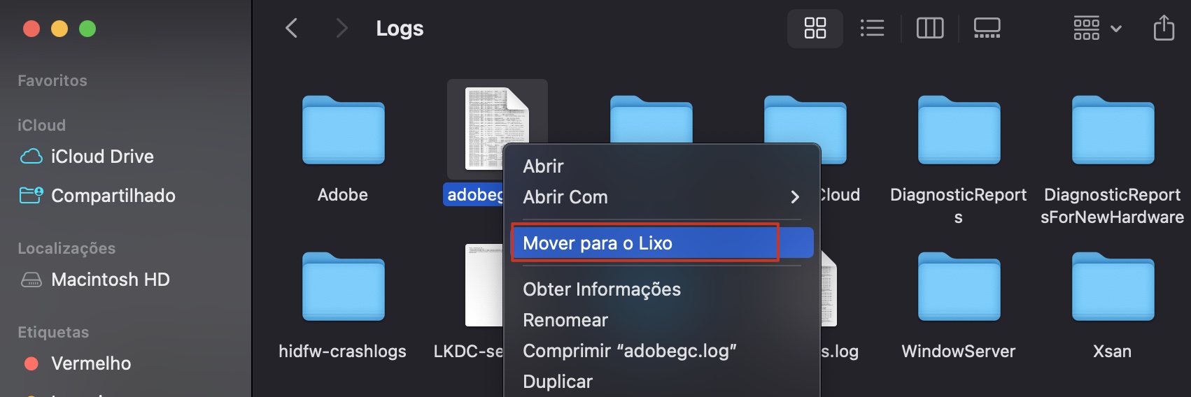 O Finder no Mac mostra a pasta Logs. Clique com o botão direito no arquivo que deseja excluir e selecione Mover para o Lixo.