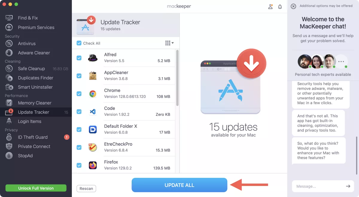 MacKeeper app open on a MacBook. The MacKeeper dashboard screenshot demonstrating how to install app updates on a Mac with MacKeeper during WindowServer high memory usage troubleshooting.