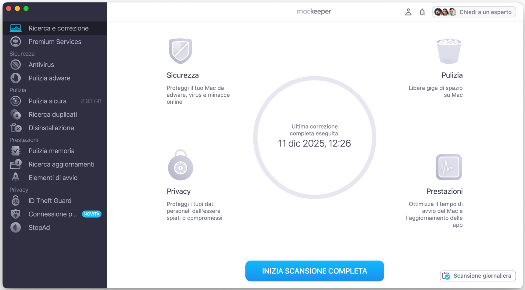 In MacKeeper puoi usare Pulizia Memoria per chiudere app e processi, liberando così più RAM. Da qui puoi anche aggiornare facilmente le applicazioni.