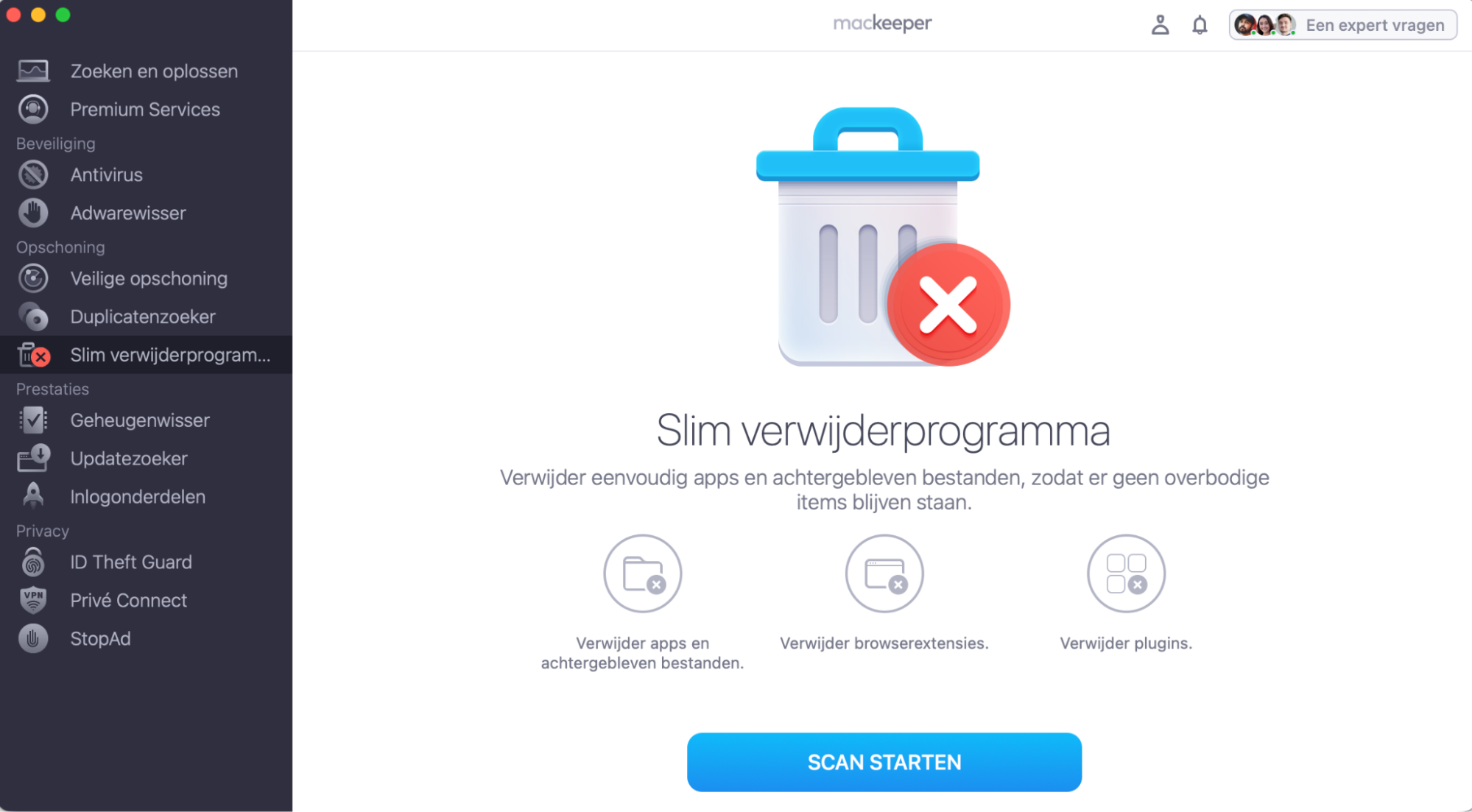 Het Slim Verwijderprogramma van MacKeeper voordat een scan wordt uitgevoerd. Dit maakt deel uit van een handleiding over hoe je verdachte software van je Mac verwijdert om valse McAfee pop-ups op een Mac te stoppen.