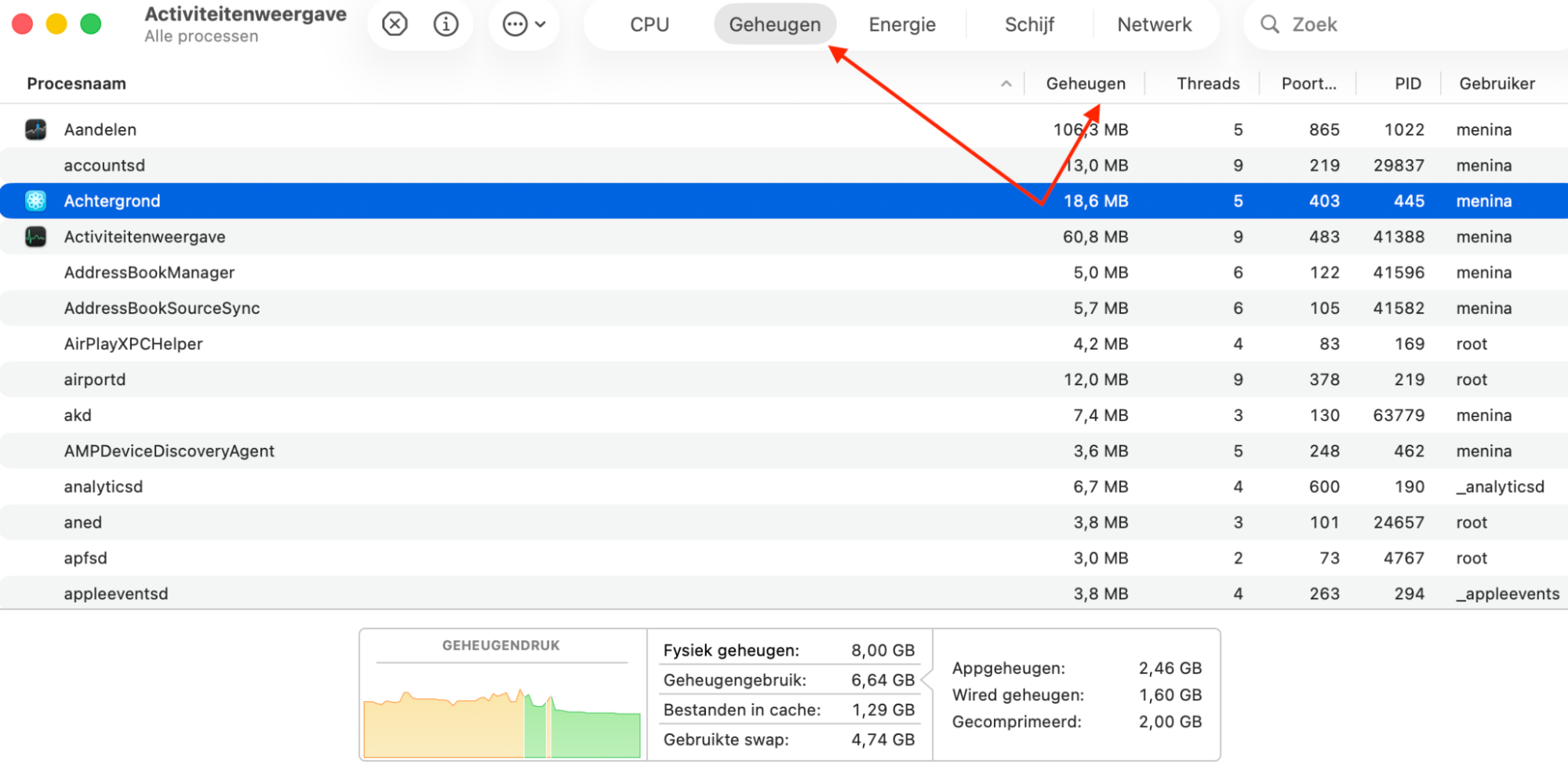 Activiteitenweergave op je Mac toont een lijst met alle actieve processen. Klik op het tabblad  Geheugen en vervolgens op de kolom  Geheugen om alle processen te sorteren op RAM-gebruik.