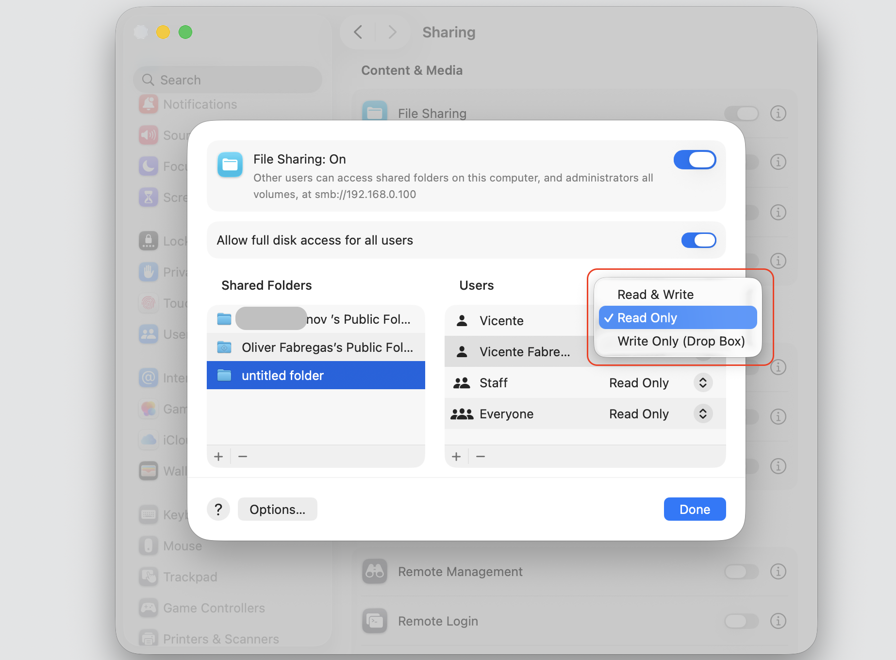 The File Sharing permission pop-up on a Mac, offering Read & Write, Read Only, and Write Only (Drop Box) access levels for each user.