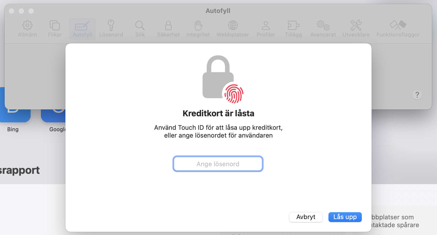 När du redigerar dina autofyll-inställningar i Safari kan du bli ombedd att ange din Macs lösenord. Det hjälper till att skydda känslig data, som kortnummer.