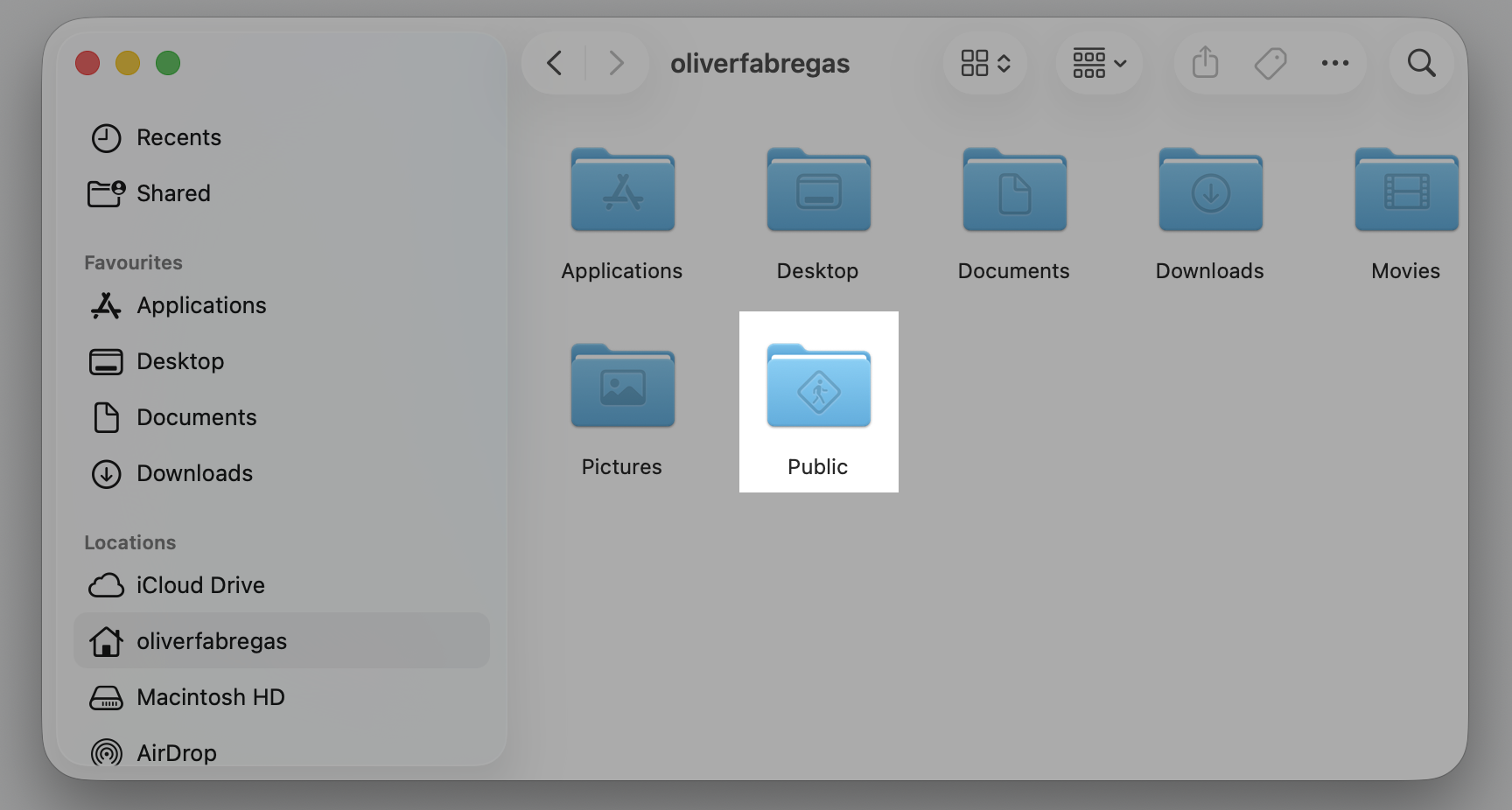 Your home folder in Finder on an Apple computer, where you drop a file into the Public folder so other accounts on the Mac can read it.