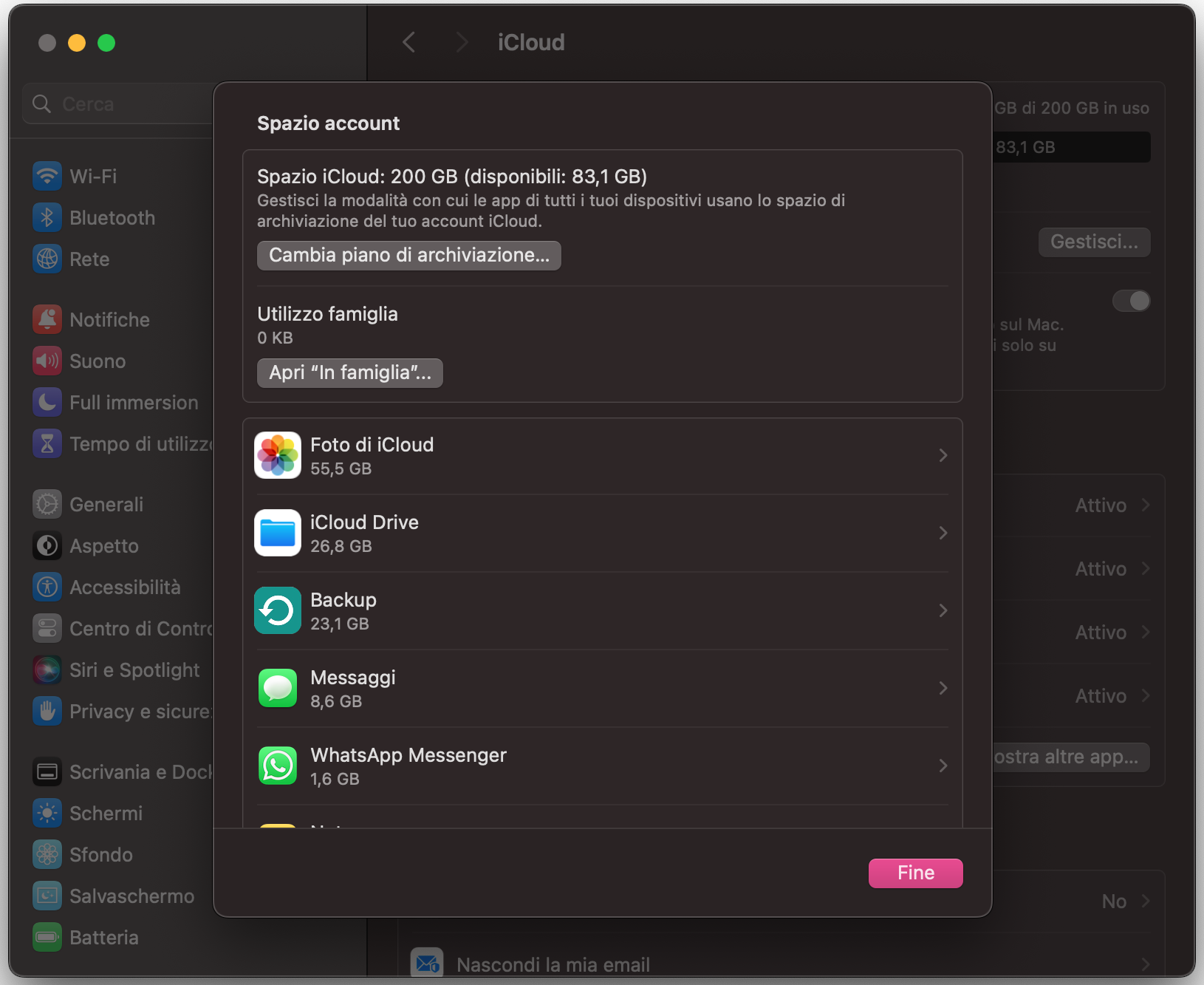 Il menu di iCloud Drive nelle Impostazioni di sistema su Mac mostra quali dati vengono salvati nel backup. Assicurati di caricare i tuoi file su iCloud Drive per liberare spazio quando il disco di avvio del Mac è pieno.