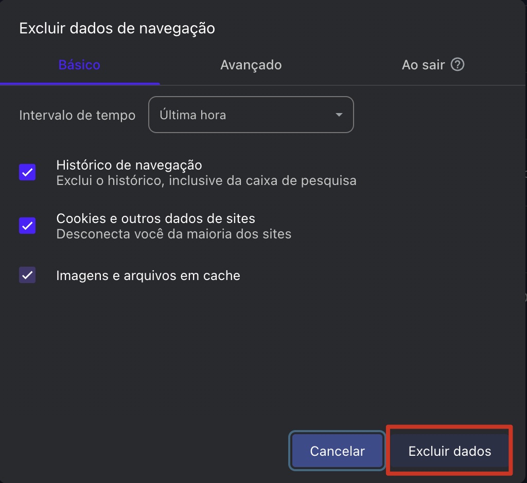 O Opera no Mac mostra a janela Limpar dados de navegação. Selecione os dados que deseja remover e clique no botão Excluir dados para excluí-los.