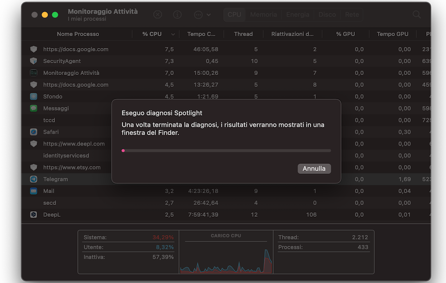 Dopo aver impostato tutto, vedrai il messaggio di conferma che indica l’avvio della Diagnosi Spotlight. Attendi qualche istante.