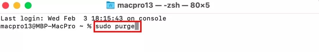 L’app Terminale mostra l’area di digitazione in cui inserire il comando necessario. In questo caso, si tratta di sudo purge per eliminare la cache e liberare RAM sul Mac.