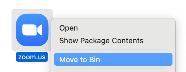 To uninstall Zoom from your Mac, right-click the app icon and choose Move to Trash from the list.