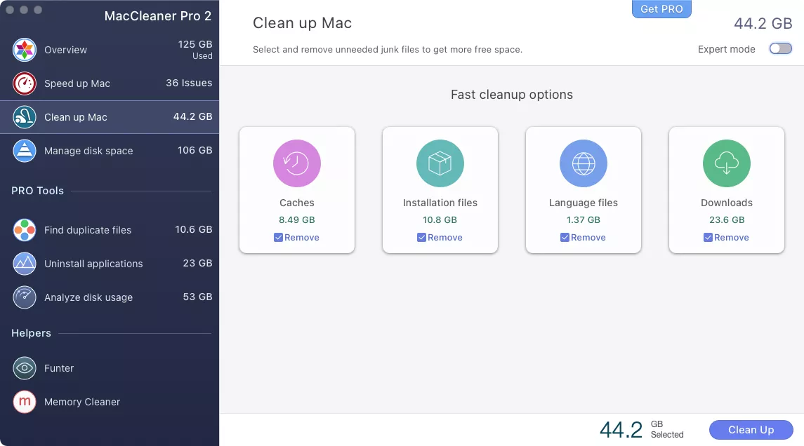 Rensningsresultaten som genererats av MacCleaner Pro efter avslutad skanning, med de viktigaste förslagen på vad användaren bör ta bort.