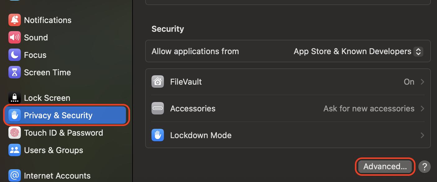 Go to Privacy & Security, scroll to the bottom, and select Advanced to access additional system protection options and manage specialized security settings.