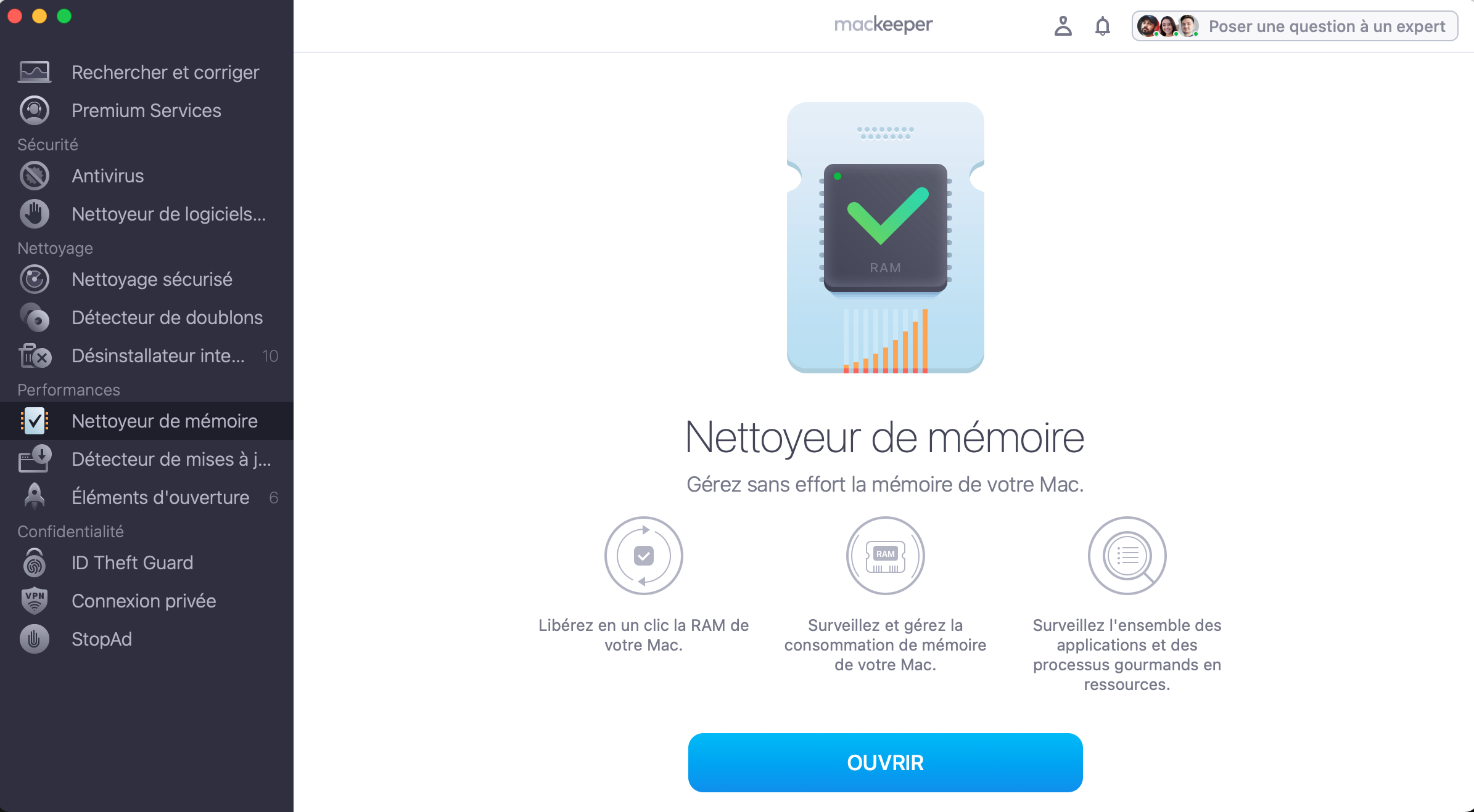 Pour maintenir la température normale de votre Mac, nettoyez la mémoire vive. Pour ce faire, utilisez le Nettoyeur de mémoire de MacKeeper. Lancez MacKepper, sélectionnez Nettoyeur de mémoire et cliquez sur Ouvrir.
