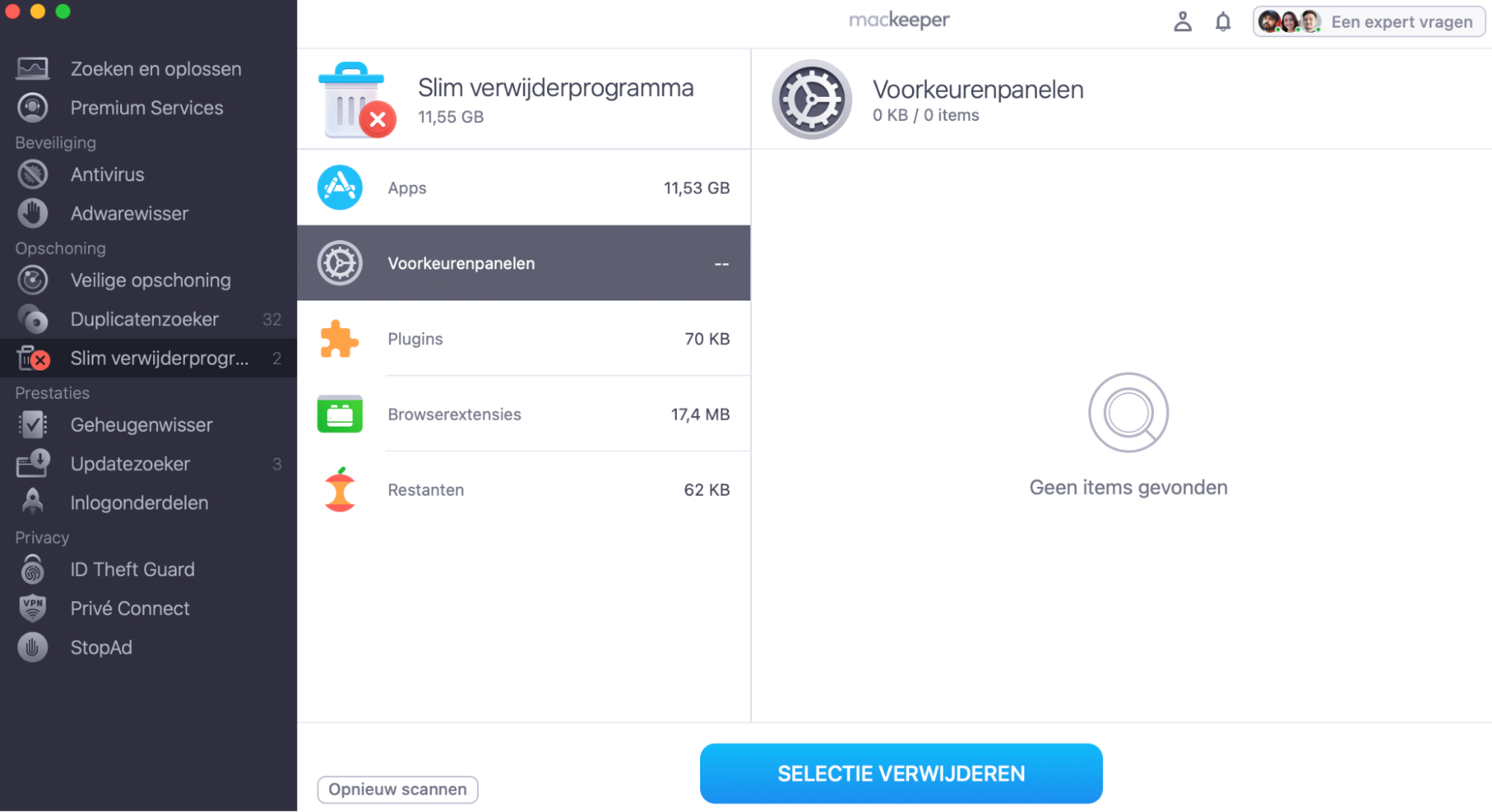 Selecteer en verwijder widgets in het Slim Verwijderprogramma.