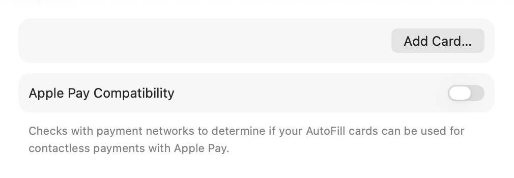 The Credit Cards section of Safari AutoFill on macOS, clicking Add to enter a new payment card for iCloud Keychain to autofill on a Mac.