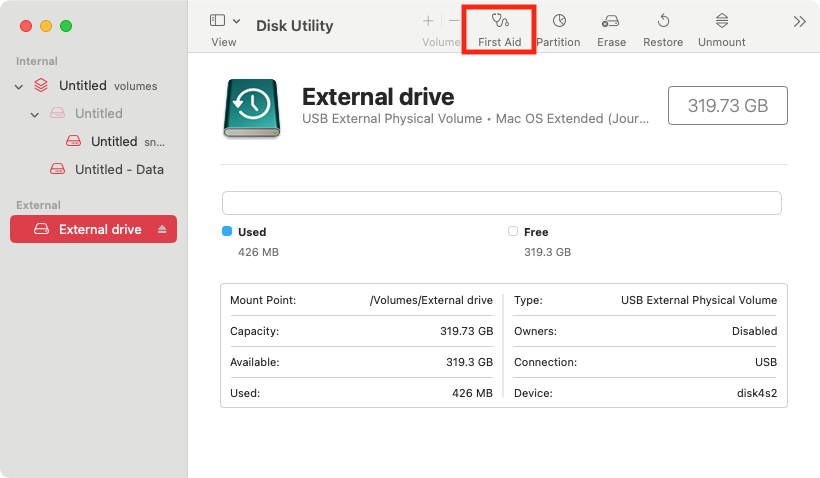 Using Disk Utility, you can run First Aid. This will attempt to find and fix issues with your external drive. Click the First Aid button to get started. Using Disk Utility, you can run First Aid. This will attempt to find and fix issues with your external drive. Click the First Aid button to get started.