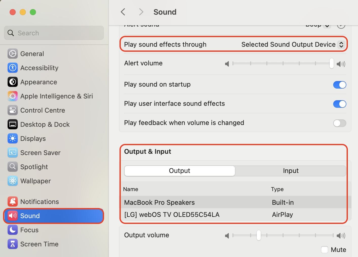 Open System Settings, click Sound, then pick the device you listen through under Output and under Play sound effects through.