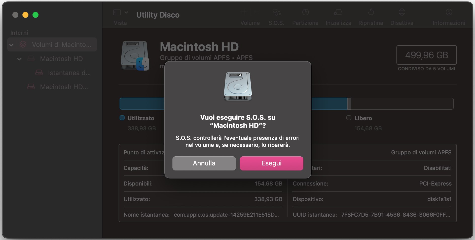 Per riparare l’unità del Mac con Utility Disco, fai clic su Esegui nella finestra a comparsa visualizzata sullo schermo.