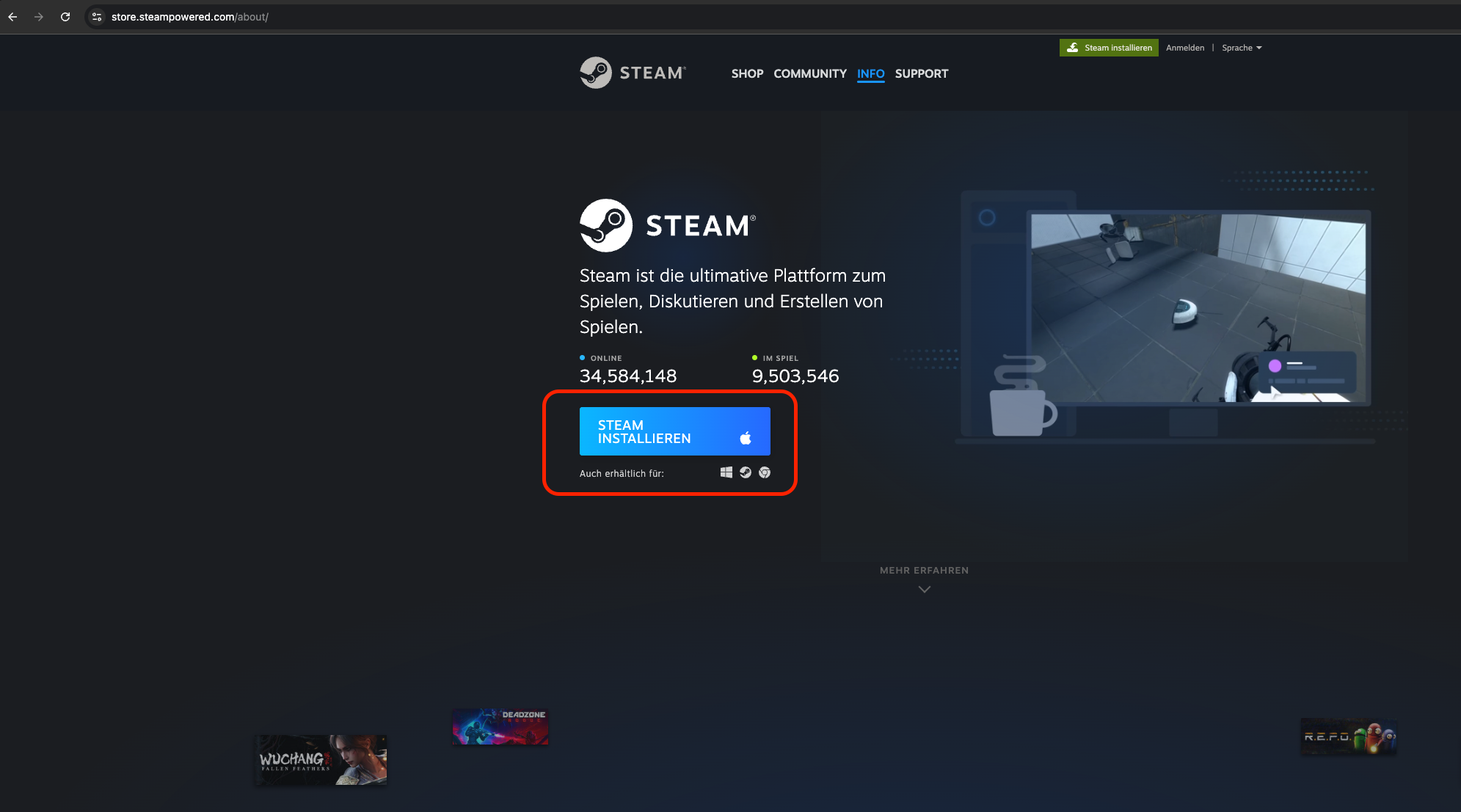 Browserfenster mit der Steam-Downloadseite. Klicken Sie auf die Schaltfläche Steam installieren, um den Download zu starten.