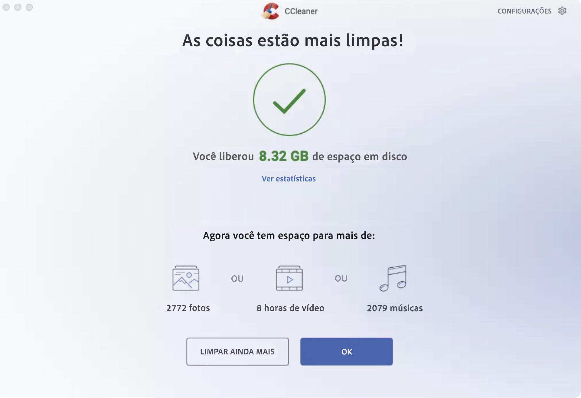O CCleaner exibe uma mensagem informando que a limpeza do seu dispositivo foi concluída após a execução dessas ações. Em seguida, você pode continuar removendo outros arquivos e pastas que não deseja manter.