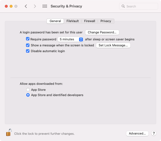Security & Privacy > General tab Security & Privacy > General tab