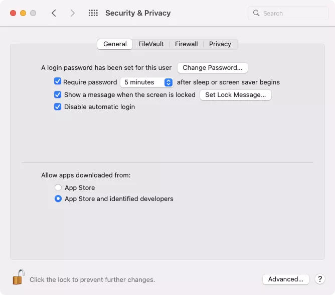 Security & Privacy > General tab