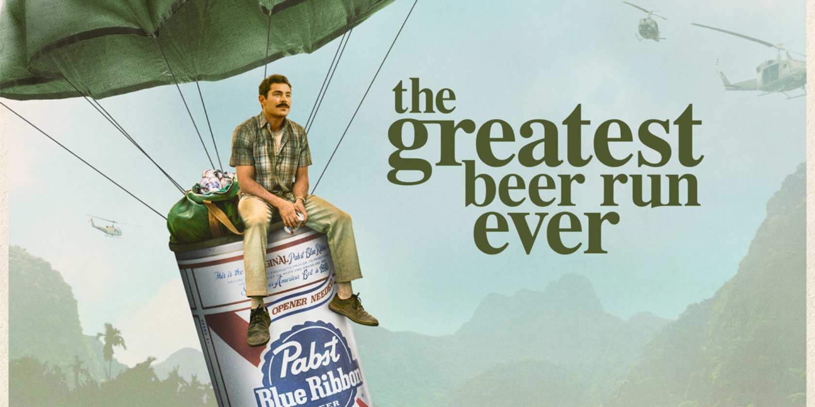 A cover image for the movie The Greatest Beer Run Ever depicts man sitting on a Blue Ribbon beer can on a parachute A cover image for the movie The Greatest Beer Run Ever depicts man sitting on a Blue Ribbon beer can on a parachute