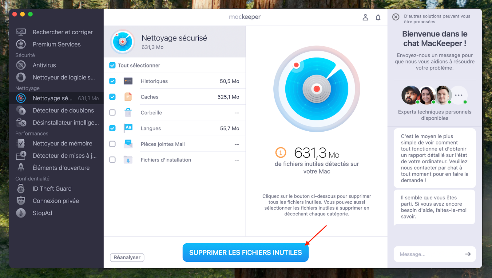 L'outil Nettoyage sécurisé s'affiche dans MacKeeper sur macOS Monterey. Une fois l'analyse terminée, cliquez sur Supprimer les fichiers inutiles pour retirer les données indésirables en toute sécurité.