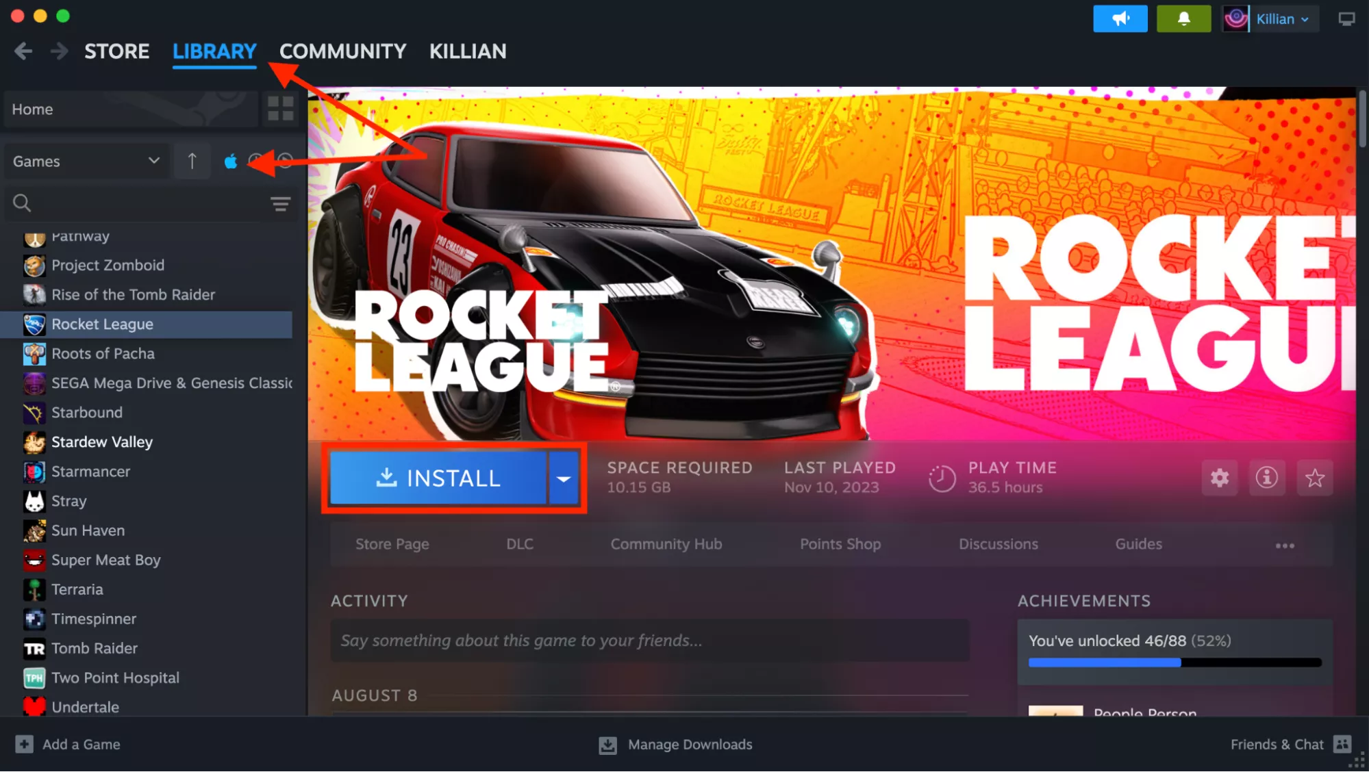 The Library tab in Steam on Mac. By clicking the Apple logo, you can filter your library to show only Windows games that run natively on Mac.