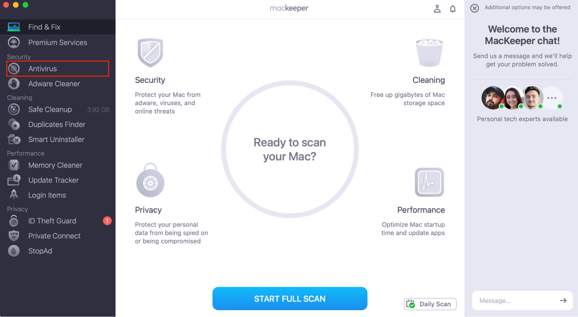 MacKeeper’s Find & Fix home screen, with Antivirus highlighted in the sidebar. Part of a guide on what to do if your Mac has been attacked by ransomware.