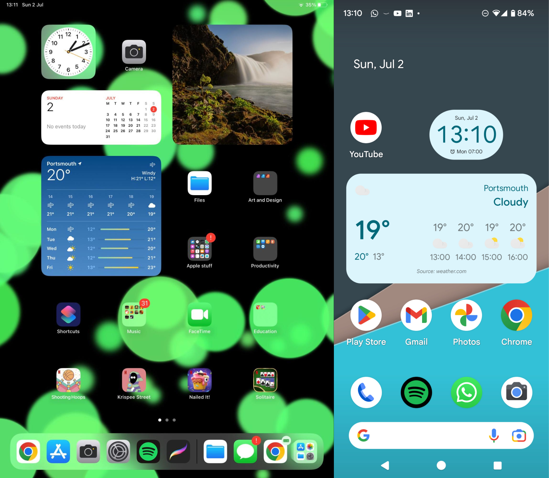 The standard iOS and Android launchers, showing a variety of different apps and widgets, including calendar and weather.