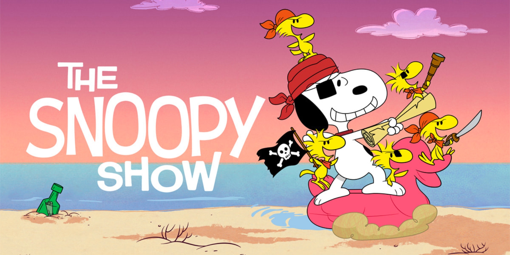 An illustration for The Snoopy Show depicting Snoopy and his friends on a pink duck's back on a beach An illustration for The Snoopy Show depicting Snoopy and his friends on a pink duck's back on a beach