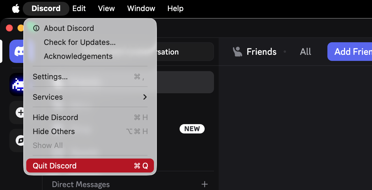 If Discord won't update, then you should first start by quitting the app and restarting it. The normal way to quit the app is to select Discord > Quit Discord from your menu bar.