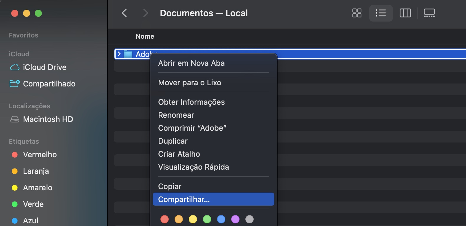 O menu de clique direito no Mac mostrando a opção Compartilhar. Para migrar dados de um Mac para outro usando o AirDrop, clique em Compartilhar para enviar um arquivo para seu novo Mac.