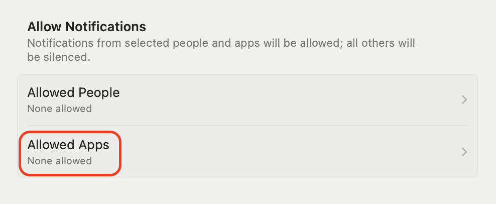 Click Allowed Apps, then add Slack so its alerts break through the silence.