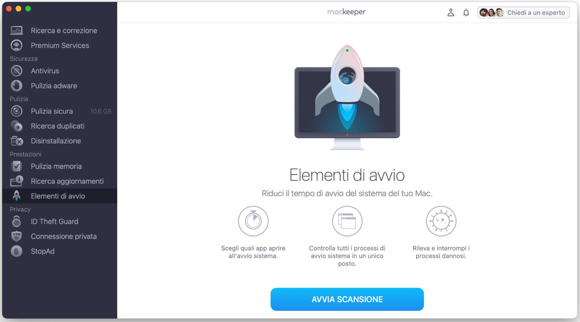 Per controllare l’elenco degli elementi di login e individuare eventuali keylogger o malware, puoi usare la funzione Elementi di Avvio di MacKeeper dall’app per MacBook. Apri l’app, cerca Elementi di Avvio nel menu a sinistra e fai clic su Avvia Scansione.