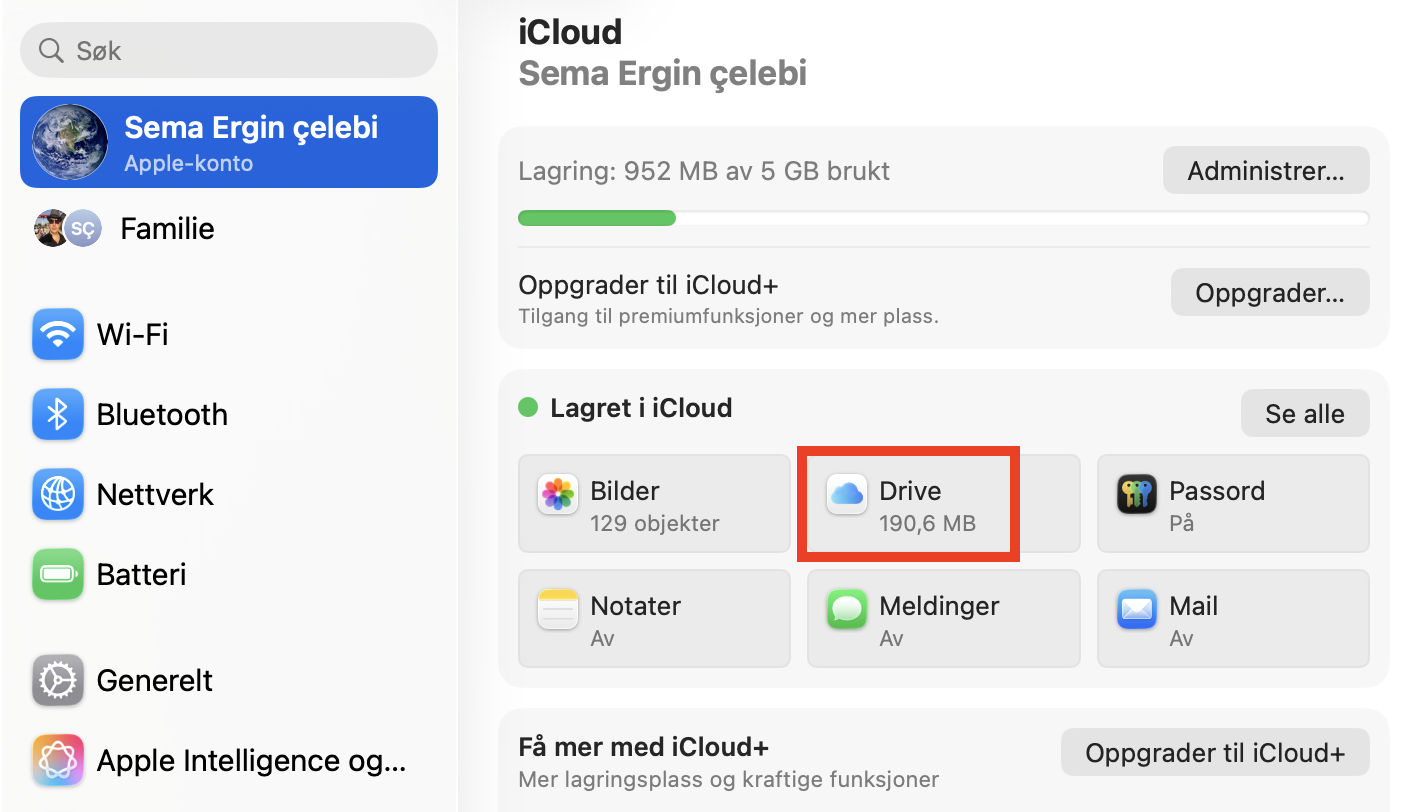 iCloud-menyen inne i Systeminnstillinger på Mac. Pass på at Optimaliser Mac-lagring er aktivert under Drive for å frigjøre plass på Mac.
