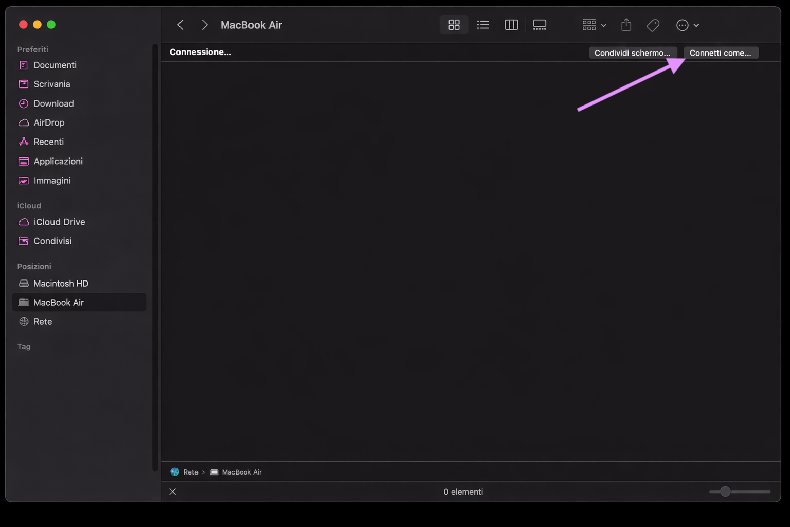Finder su Mac mostra la connessione a un altro dispositivo. Per usare la condivisione file via Bluetooth e copiare file da un Mac all’altro, fai clic su Connetti come e accedi al Mac precedente.