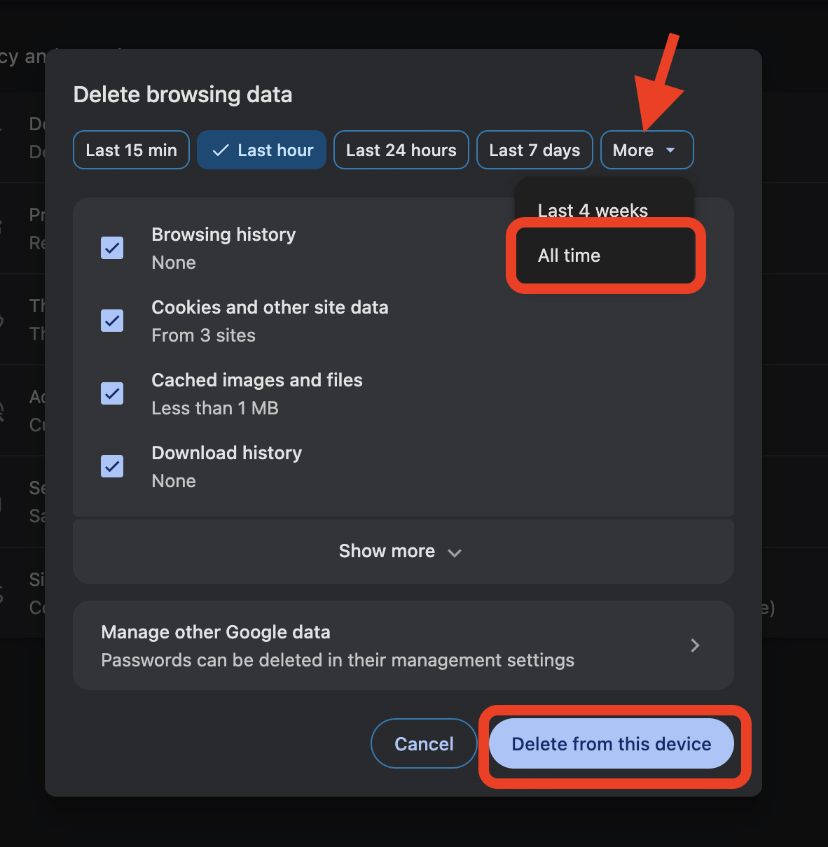 Chrome Delete browsing data window on macOS with All time selected and Delete from this device highlighted to clear cache on an Apple device.