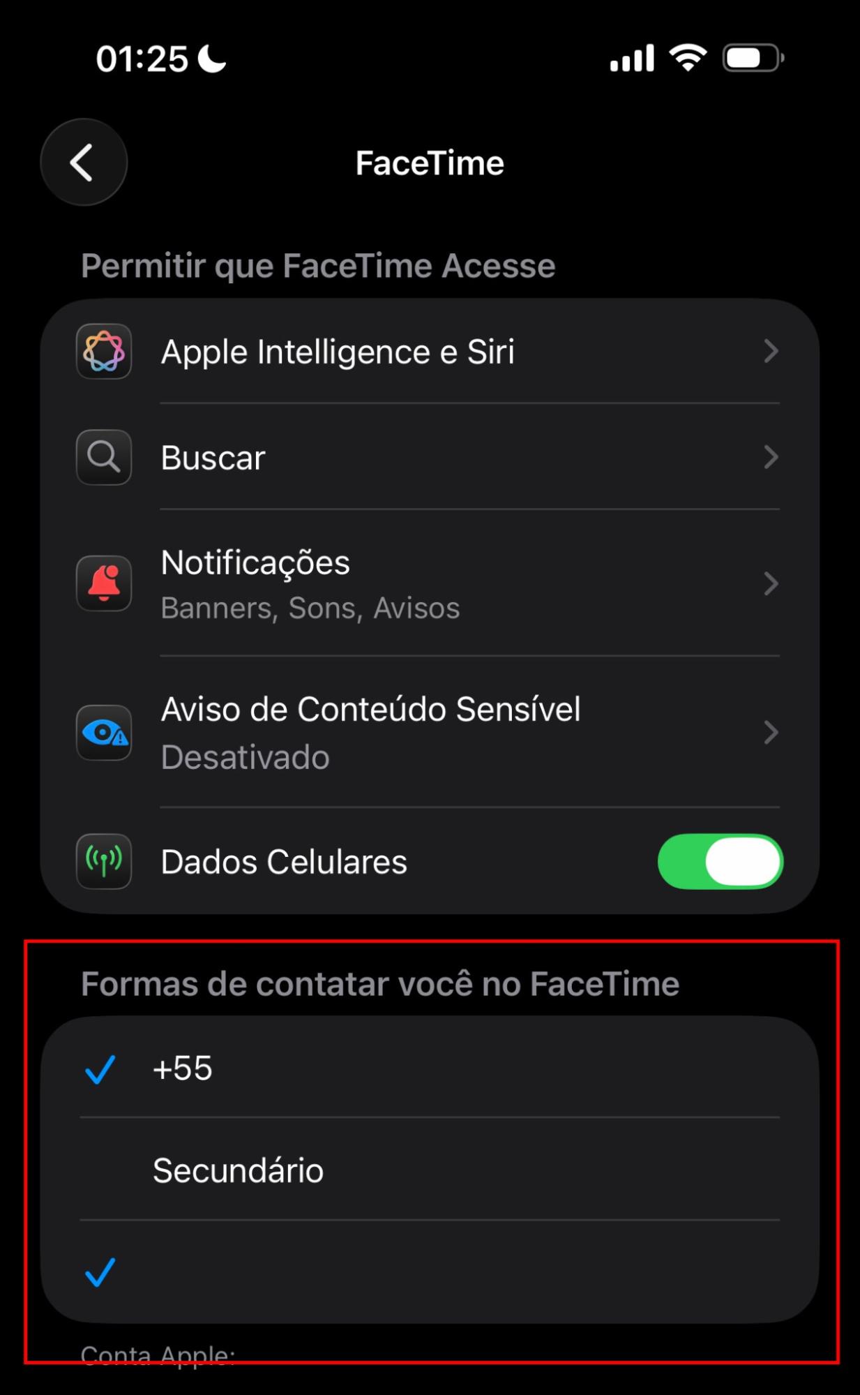 Para verificar o número de telefone no seu iPad ou iPhone, vá em Ajustes, selecione FaceTime e role a tela para baixo para encontrar os números de telefone e endereços de e-mail que estão sendo usados.
