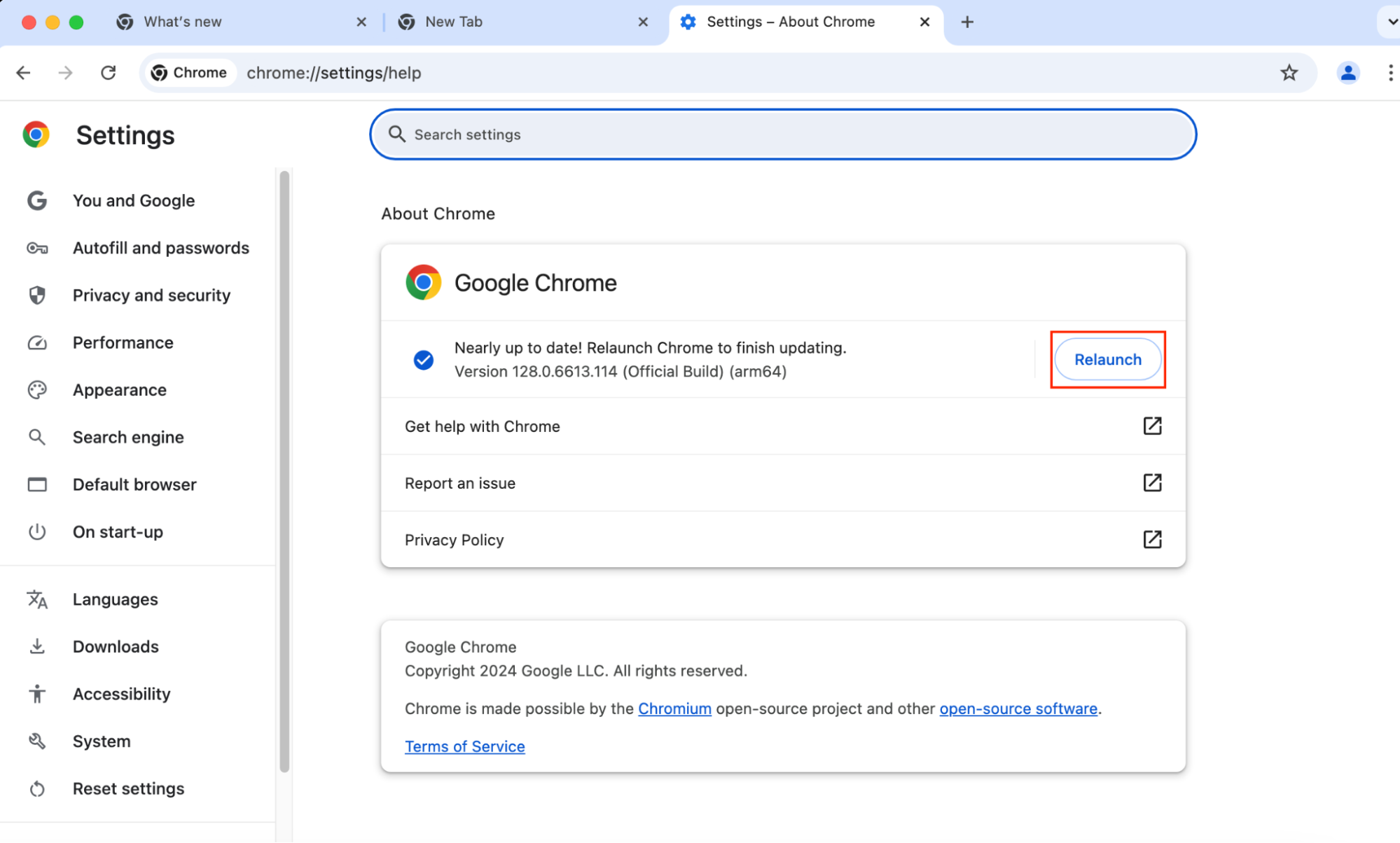 The Relaunch option inside Google Chrome settings menu on Mac. Click this to install the latest version of Chrome on Mac.