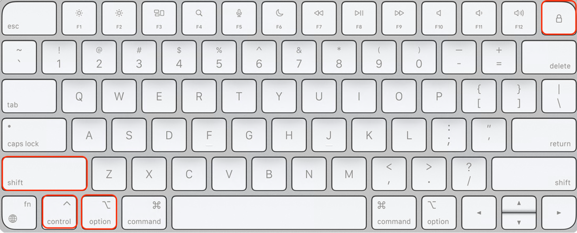 No teclado do Mac, são mostradas as teclas para redefinir o SMC em um Mac com Intel. Após manter pressionadas as teclas Shift + Control + Option/Alt por 10 segundos, solte-as e pressione o botão de energia do Mac.