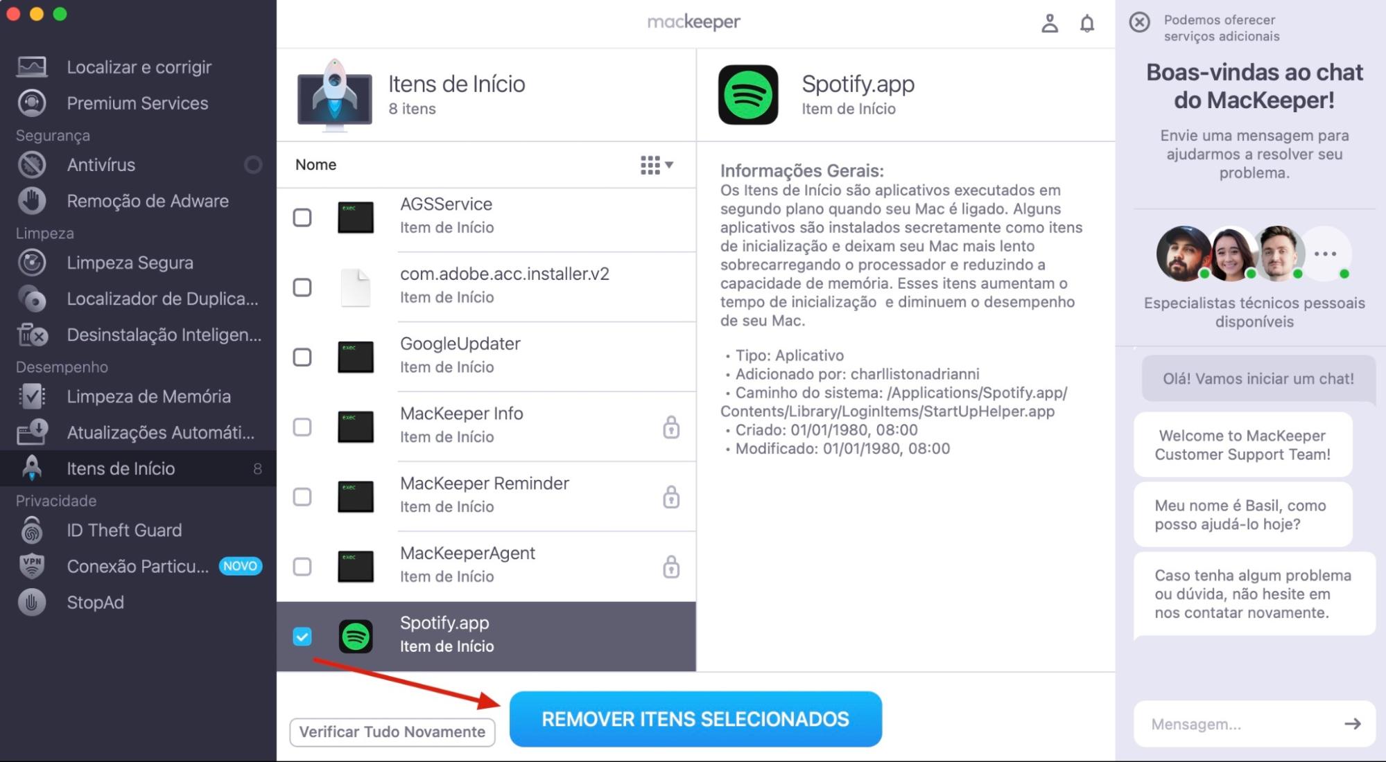 Seu Mac começará a procurar os itens de início no seu dispositivo. Quando encontrá-los, marque as caixas ao lado de cada item de início que deseja excluir. Em seguida, toque em Remover Itens Selecionados.