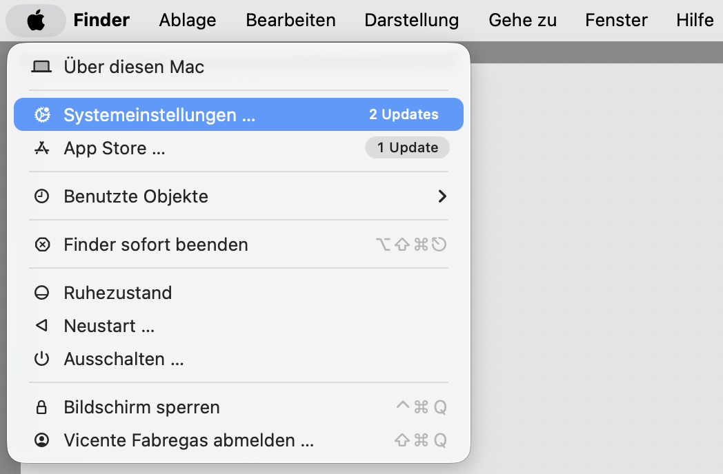 Apple-Menü, geöffnet mit hervorgehobenen Systemeinstellungen. So blockieren Sie Push-Benachrichtigungen, als Teil einer Anleitung, wie man gefälschte McAfee-Pop-ups auf dem Mac blockieren kann.