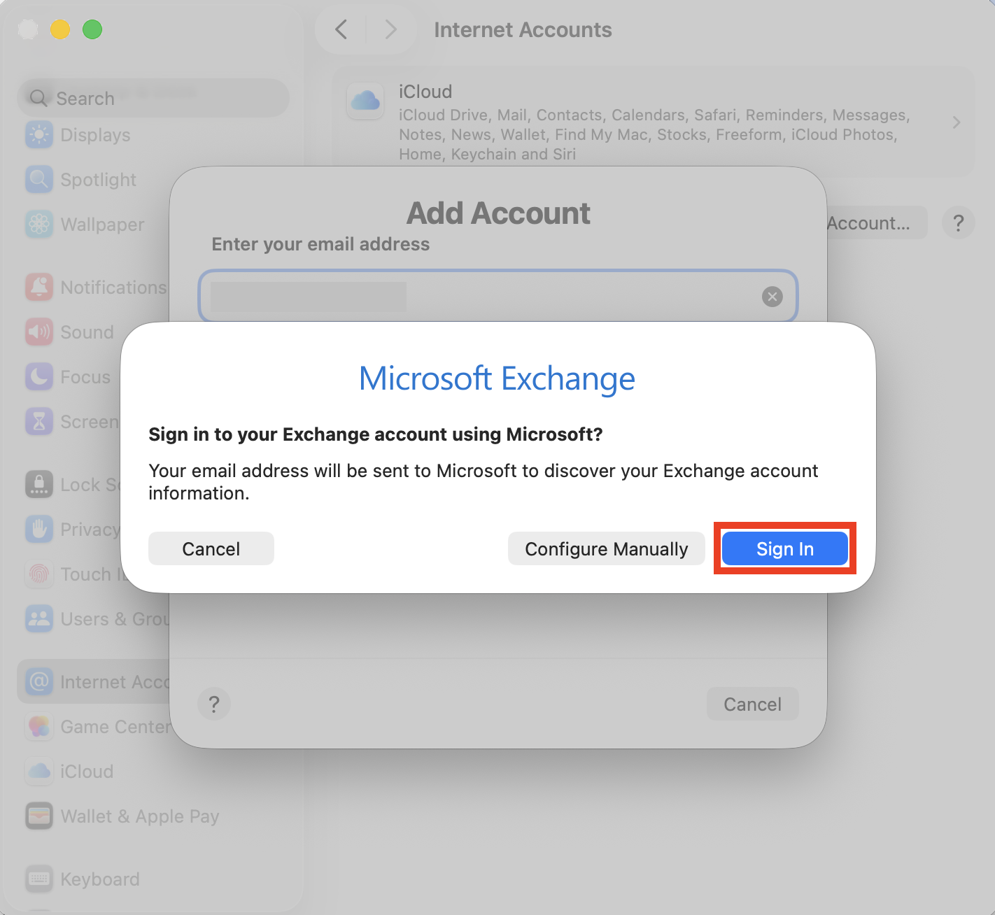The sign in prompt for adding a new Internet Account on Mac.After removing your Exchange account, re-add it to fix Exchange password required alerts.
