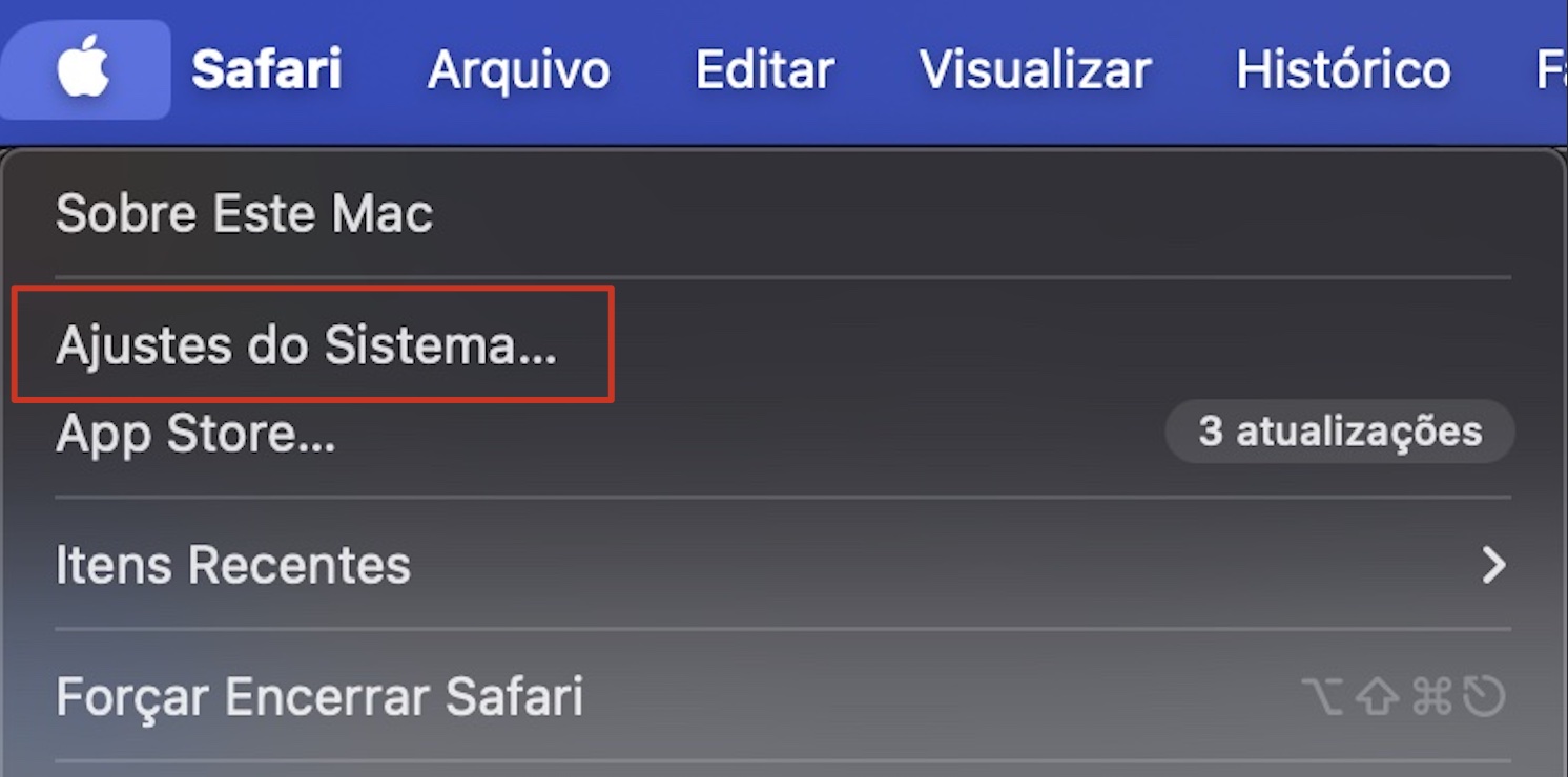 Para manter o software atualizado, vá ao menu Apple > Ajustes do Sistema (Preferências do Sistema, dependendo da sua versão do macOS)