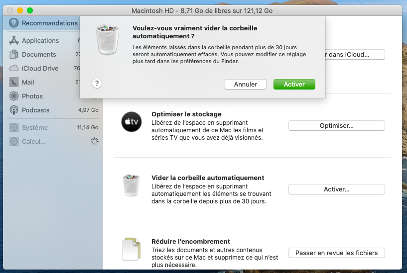 Pour terminer le processus d'activation Vider la corbeille automatiquement, cliquez sur Activer dans la fenêtre de dialogue.