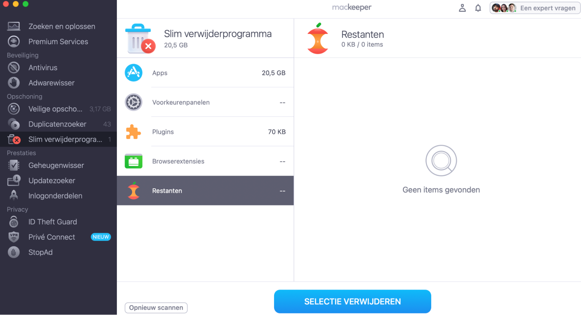 MacKeeper op de Mac toont het hulpprogramma Slimme uninstaller. Nadat je Mac is gescand, selecteer de apps en andere items die je wilt verwijderen en klik op  Geselecteerde items verwijderen.