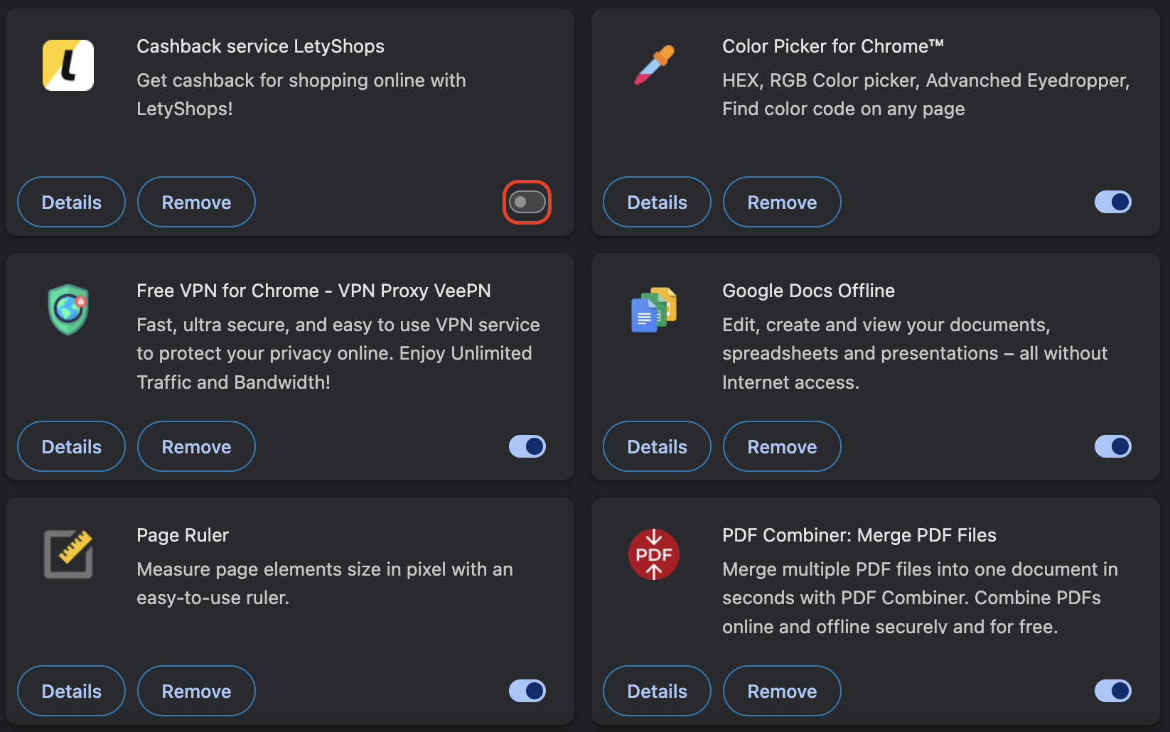 In Chrome's Manage Extensions page, toggle off the switch next to any unnecessary or excessive extensions to disable them and free up memory.