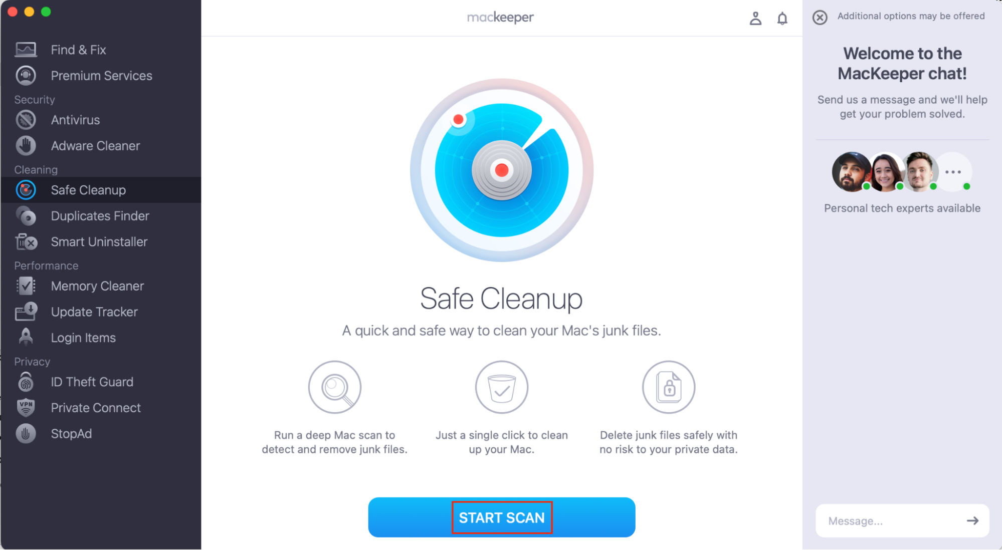 Before you back up Mac to iCloud, get rid of junk files. Start by opening MacKeeper and clicking Safe Cleanup, then click Start Scan to get rid of junk files on your MacBook.